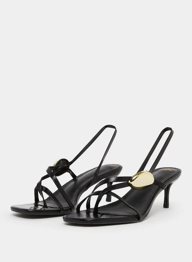 Styli Black Strappy Sandals with Gold Detail